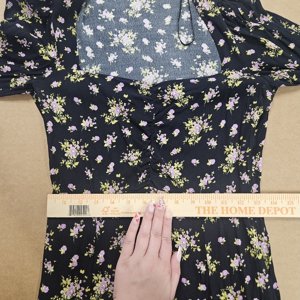 00107 Zara Floral Print Lavender Rose Mini Black Purple Long Sleeve Dress Medium - Picture 13 of 15
